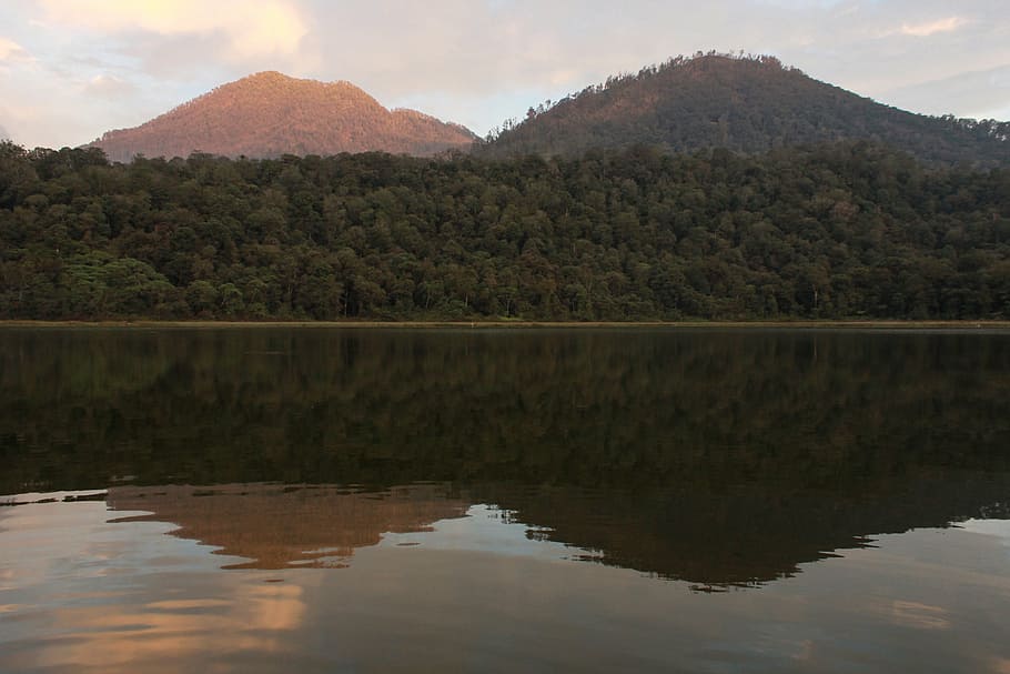 mountains, lake, east java, indonesia, water, dawn, sunset HD wallpaper