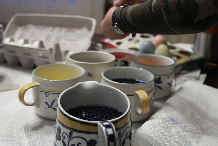 egg dying, easter, art, colors, paint, food and drink, cup HD wallpaper