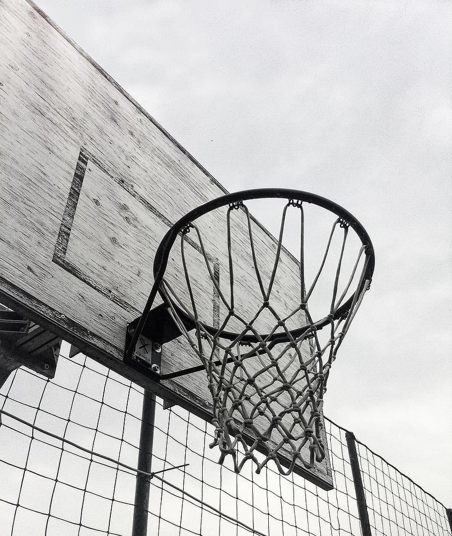 sky, clouds, high, net, Basketball Hoop, black and white, board