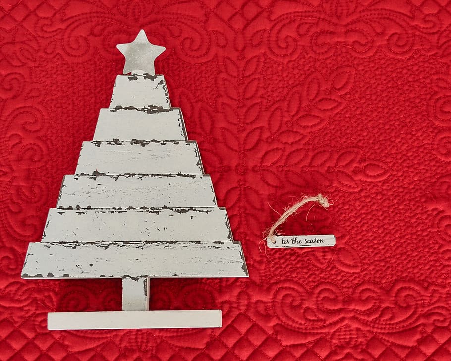 white wooden Christmas tree decor on red textile, holidays HD wallpaper