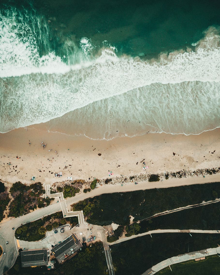 aerial view of beach during daytime, wave, surf, tide, shore HD wallpaper