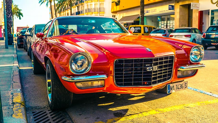 red Chevy Chevelle SS on roadside, spain, beach, sea, ocean HD wallpaper