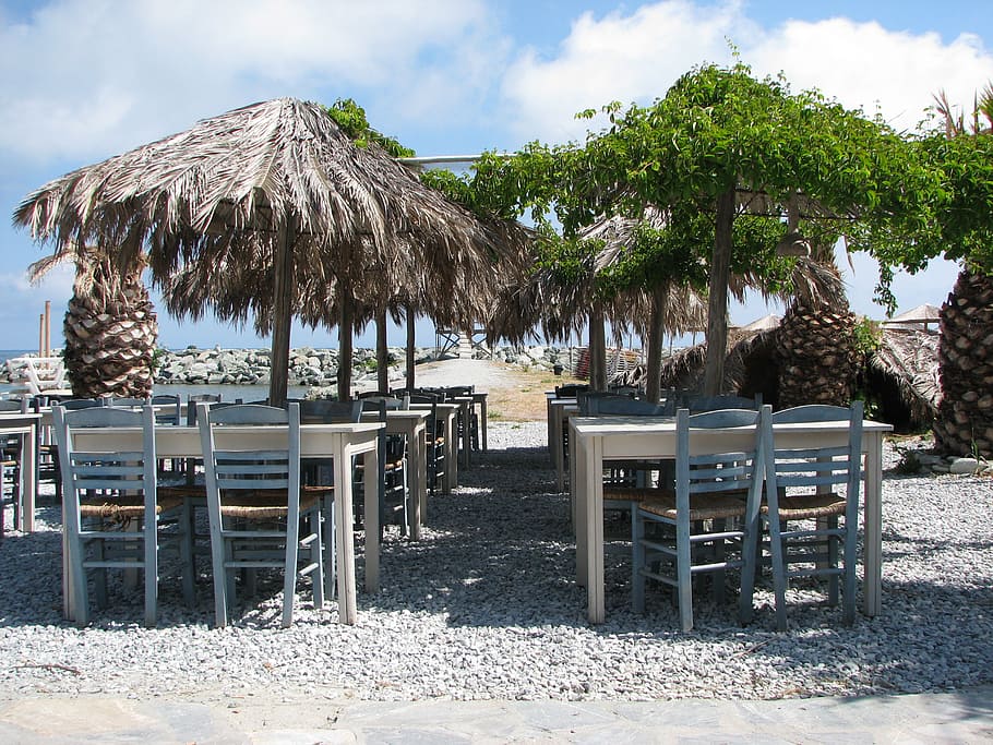 platamonas, olympus, mainland greece, beach, thatched roof HD wallpaper