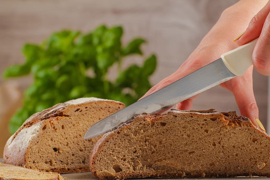 bread cutting, knife, food, frisch, homemade, white bread pastries HD wallpaper