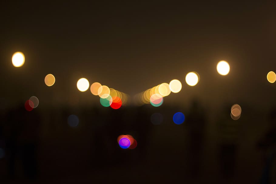 bokeh photography of light, lights, night, focus, delhi, india HD wallpaper