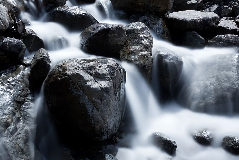 water flows on rock at daytime, blur, boulder, cascade, creek HD wallpaper