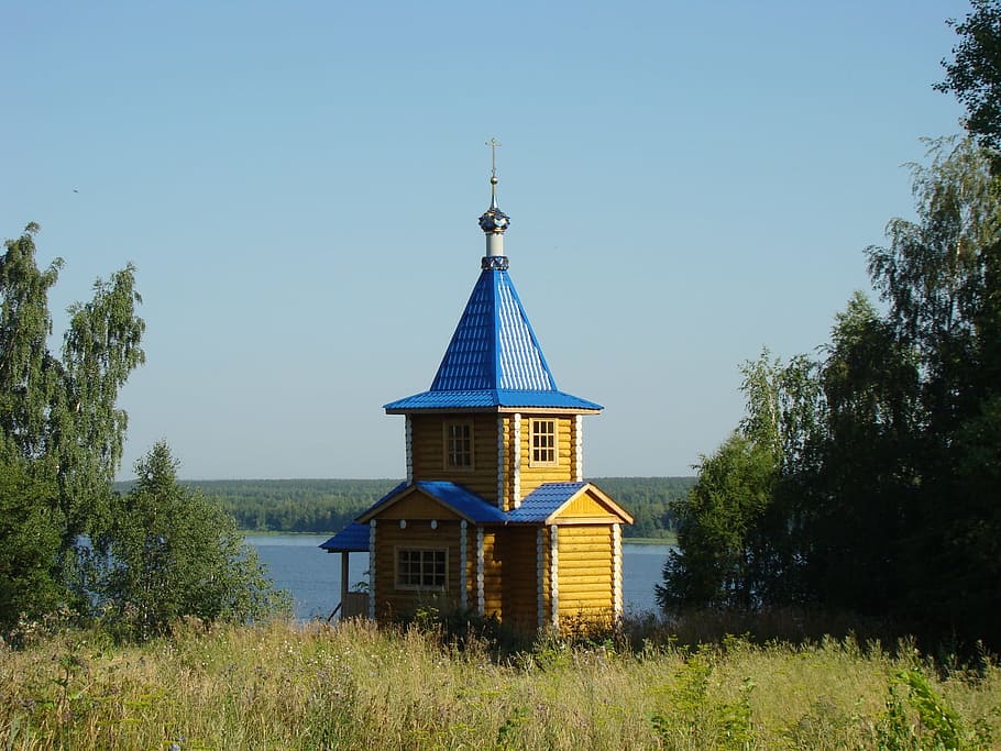 chapel, beach, landscape, the river kama, perm krai, the okhansk