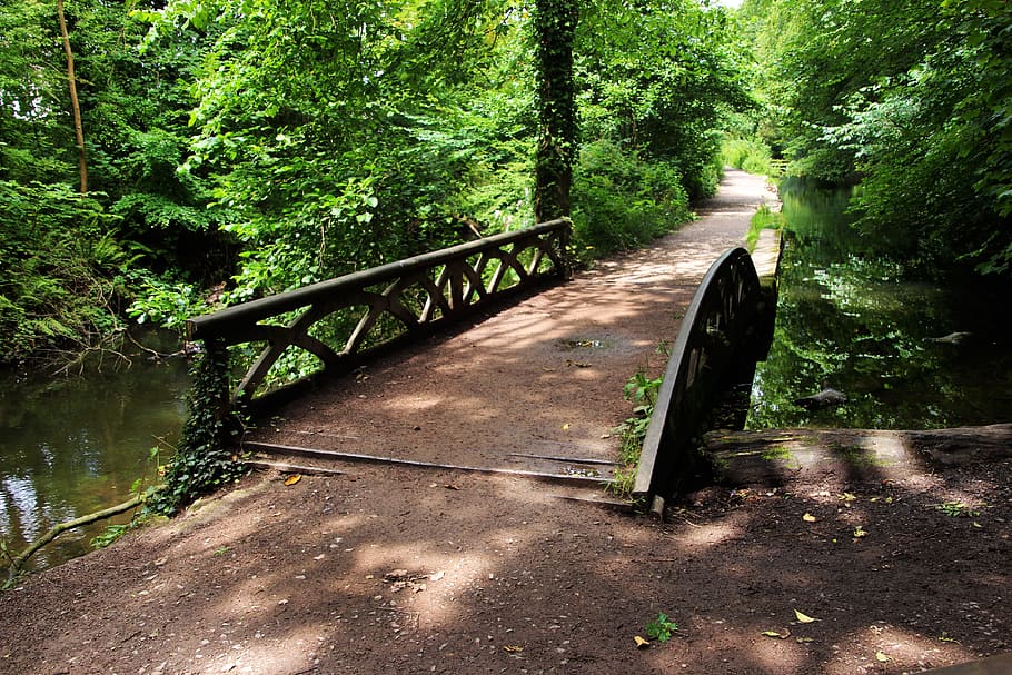 brown and black bridge near trees, pathway, outdoor, green HD wallpaper