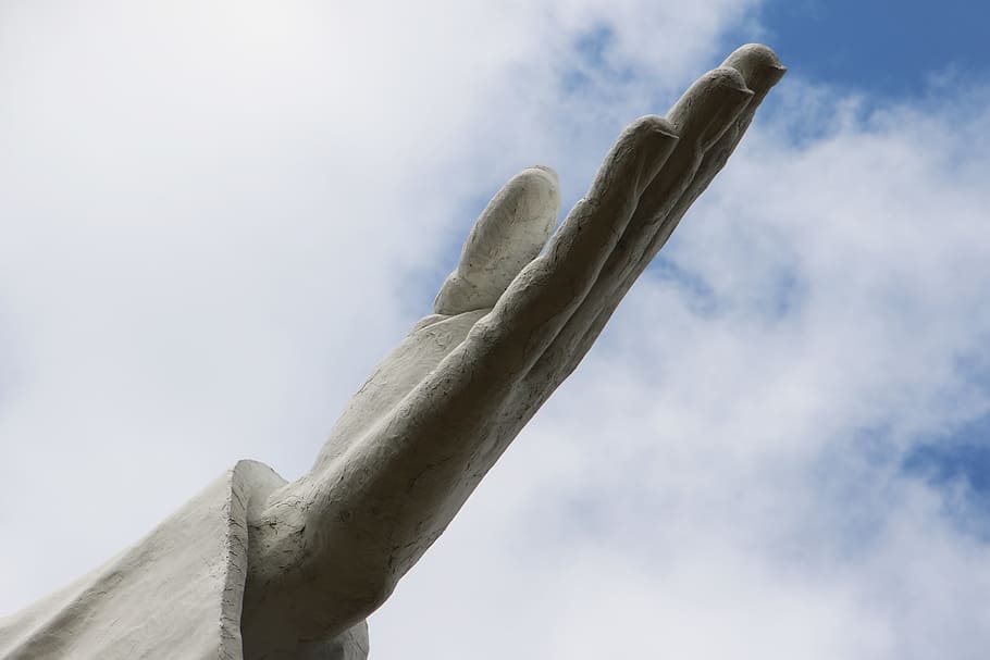 Hand Ceramic Sculpture, art, blue sky, clouds, daylight, fingers HD wallpaper