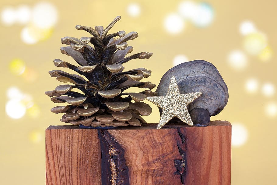 selective focus photography of pinecone and star decors, christmas, HD wallpaper