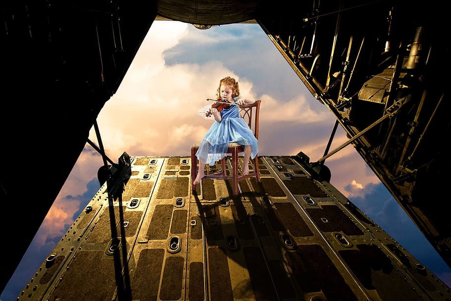 violin, c130, fly, clouds, fantasy, sky, one person, low angle view HD wallpaper