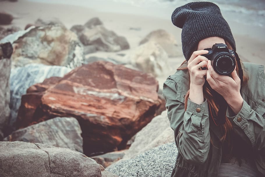 person, beach, woman, water, camera, canon, dslr, girl, outdoors HD wallpaper