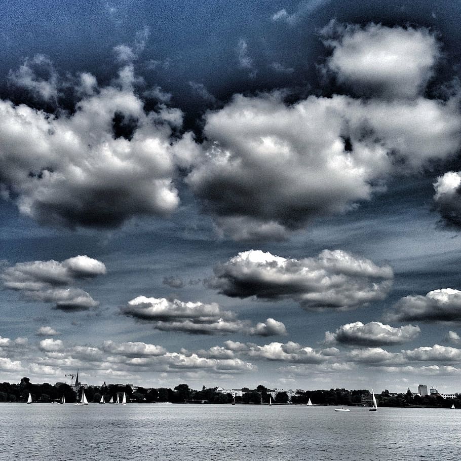 sky, clouds, blue, alster, hamburg, lake boats, tourism, outer alster HD wallpaper