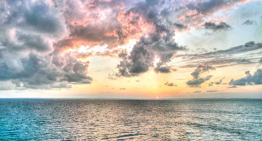cloudy sky during sunset, clouds, sea, ocean, orange, water, blue, HD wallpaper