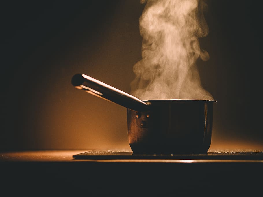 black pan on desk, pot, steaming, hot, cooking, kitchen, stove