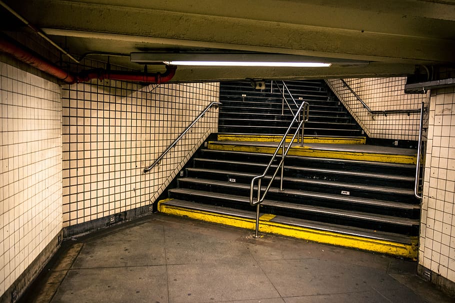 yellow and black metro station stair, city, dirty, ny, park, subway