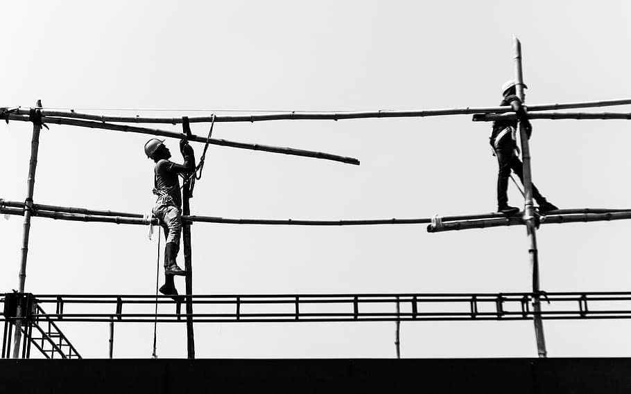 two men on scaffolding under sunny sky, construction, safety, HD wallpaper