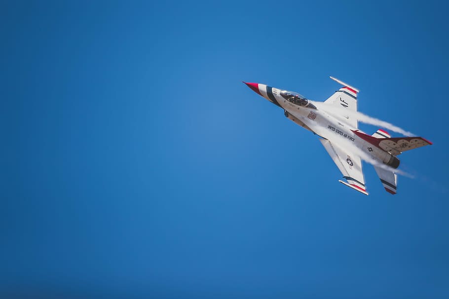 white and red jet plane hovering on sky at daytime, white and red flying jet plane HD wallpaper