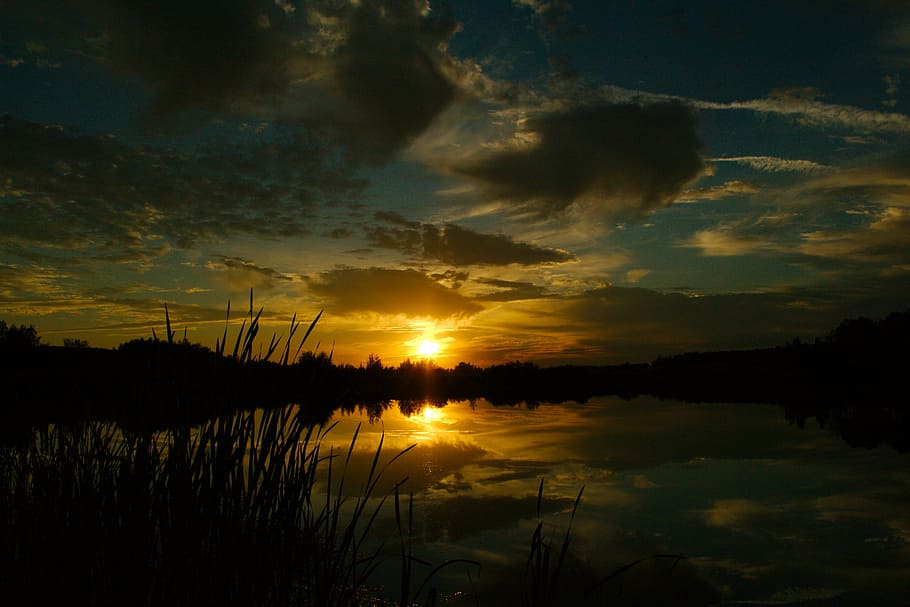 sunset, nature, water, silence, cloud - sky, reflection, tranquility HD wallpaper