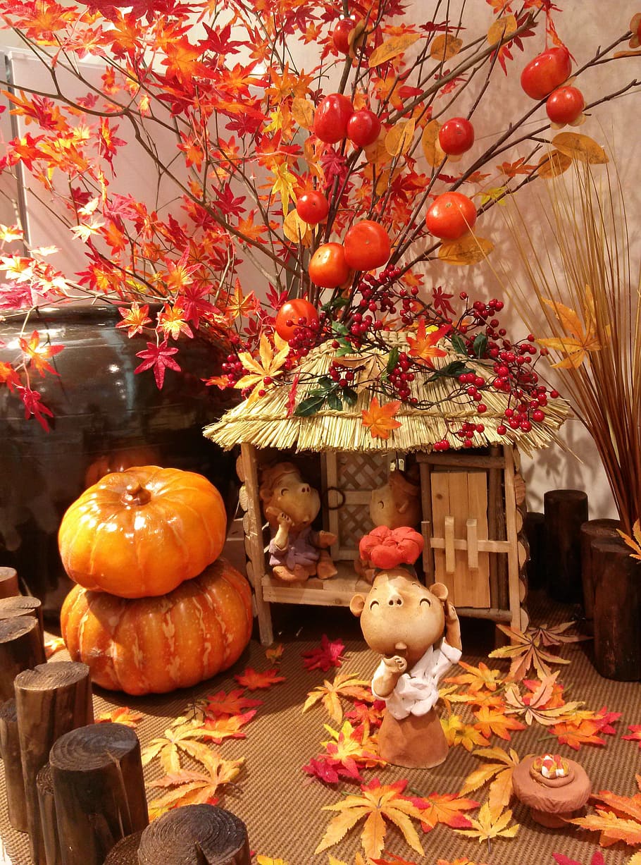 autumn leaves, pumpkin, miniatures, thatch roofed hose, persimmon, HD wallpaper