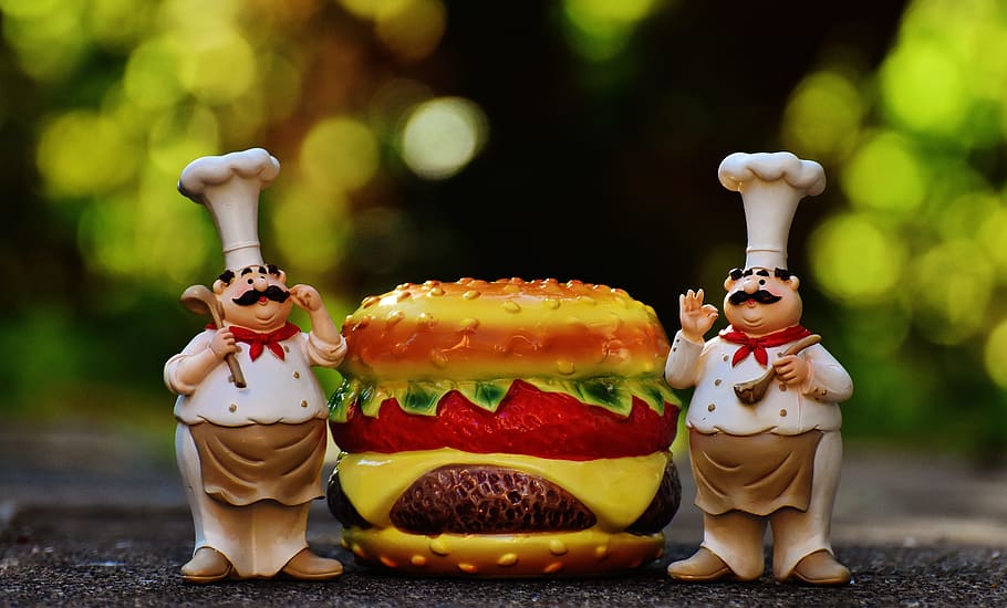 two Chefs standing near large burger miniatures, figures, cheeseburger HD wallpaper