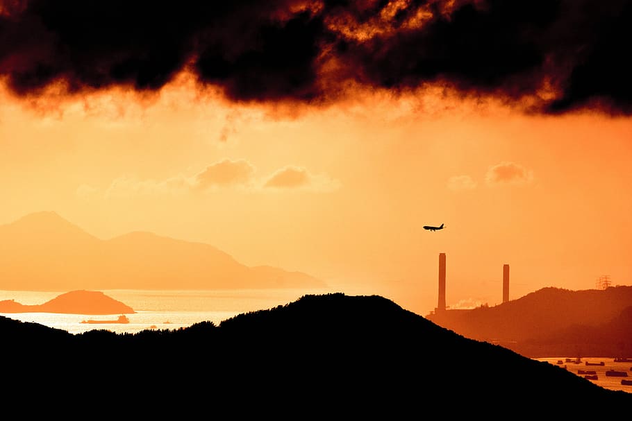 landscape photography of plane in flight over the mountain, silhouette photo of rock formation HD wallpaper