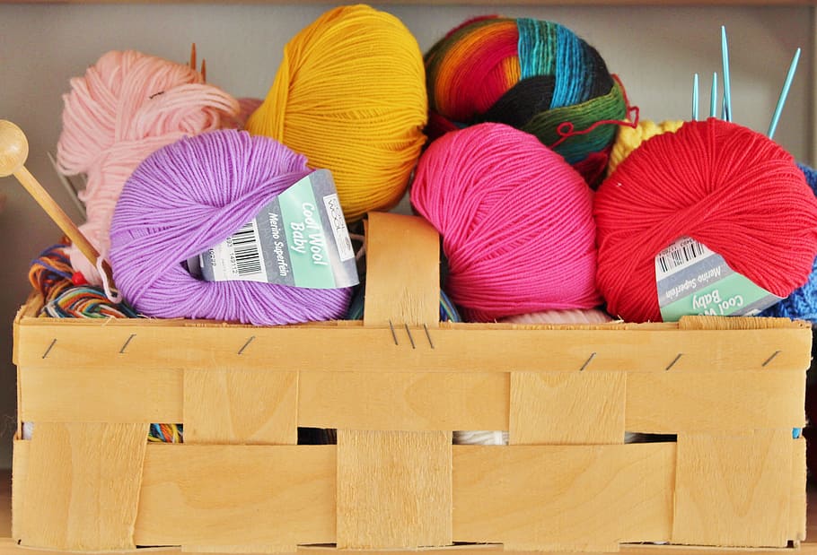 assorted-color yarns on brown basket, wool, knit, knitting needles HD wallpaper