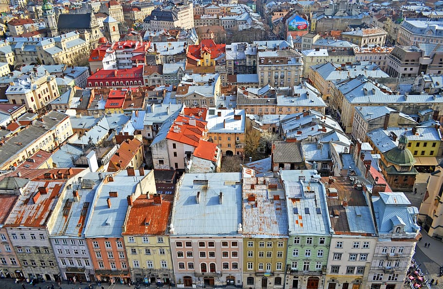 aerial photography of buldings, lviv, ukraine, city, market square