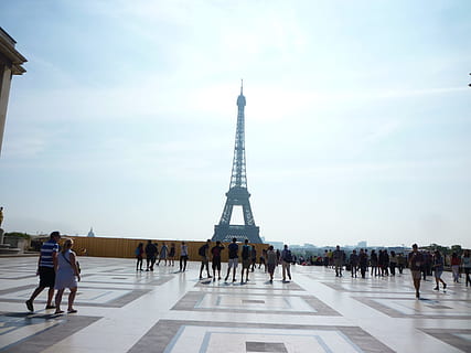 group of people near Eiffel Tower, paris, blue skies, square HD wallpaper