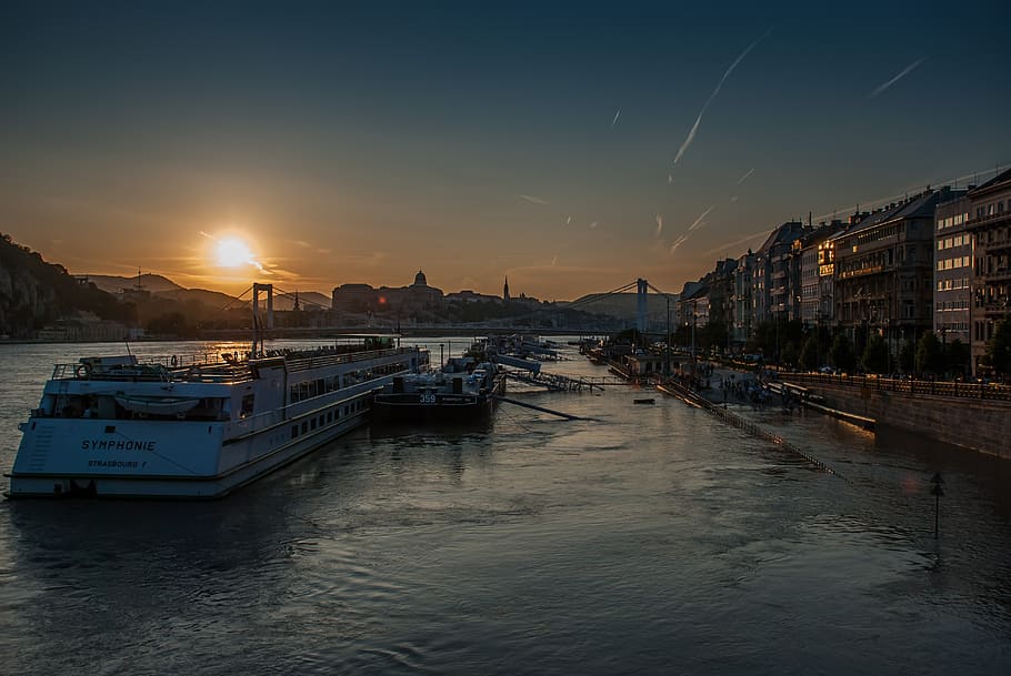 flood, budapest, hungary, river, sunset, water, damage, natural HD wallpaper