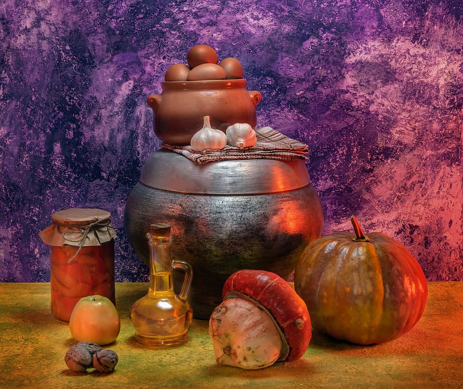 pumpkin, apple, nuts, still life, cooking food, vegetable oil HD wallpaper