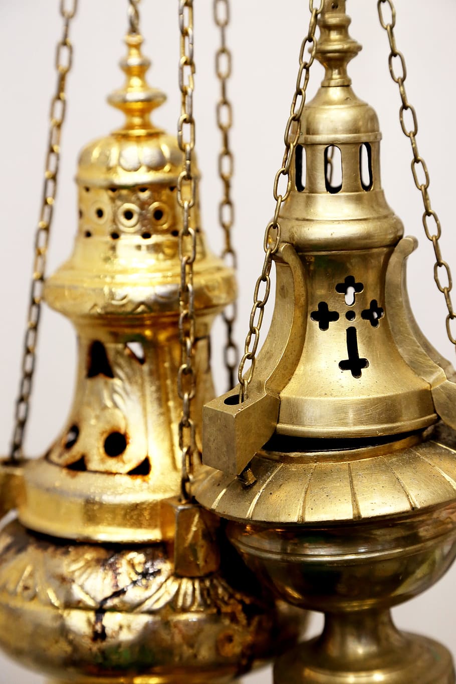 two brass-colored incense jars, mass, church, religion, fire, HD wallpaper