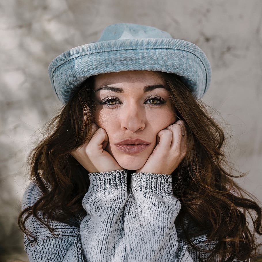 HD wallpaper: woman wearing blue hat and gray sweater, women, females ...