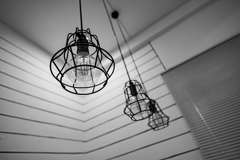 black and white, light, lamp, interior, design, hanging, low angle view HD wallpaper