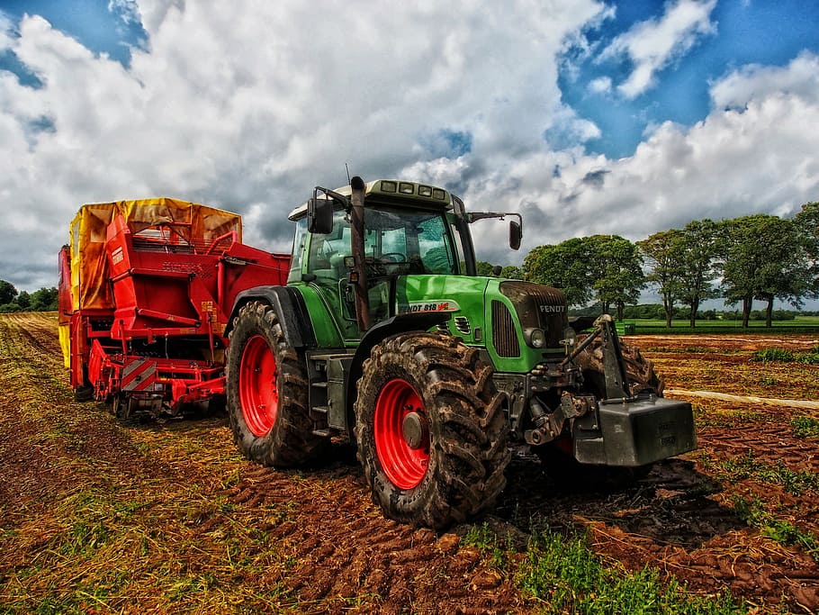 green tractor with red and yellow farm trailer, grain mixer, rural, HD wallpaper