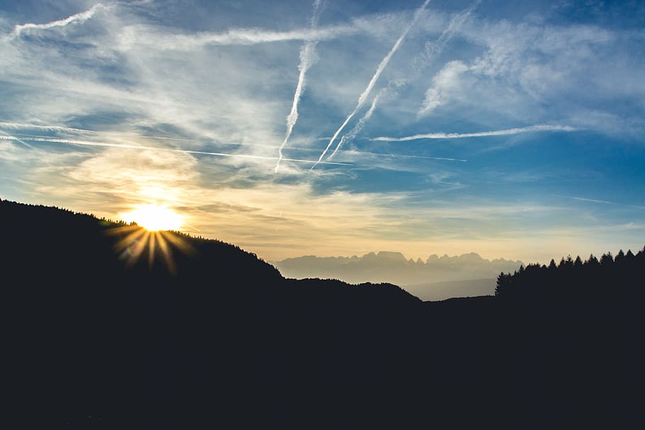 silhouette of mountain and sun, trees, blue, sky, clouds, sunset HD wallpaper