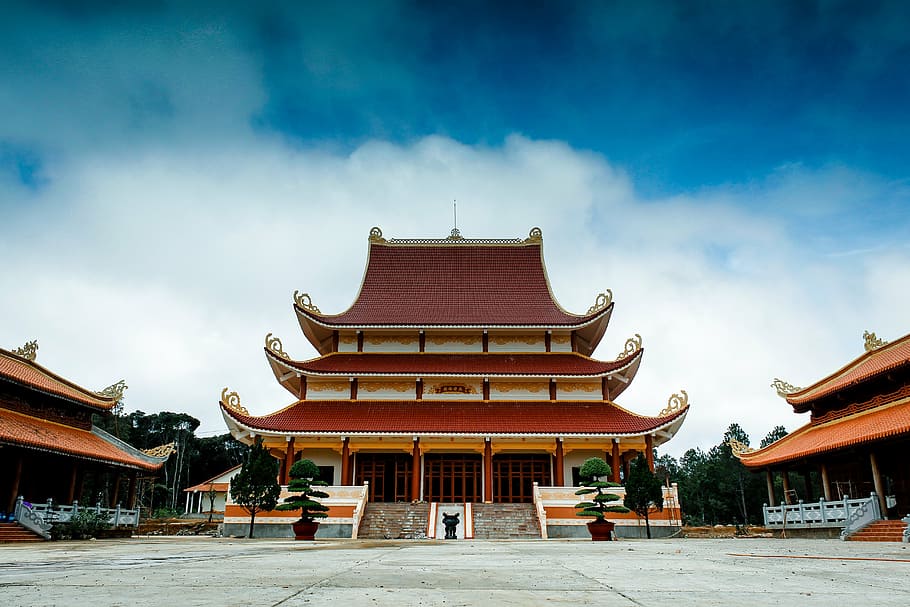 maroon pagoda temple, budd, buddhism, asia, travel, architecture, HD wallpaper