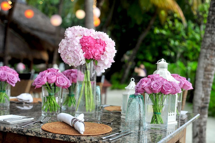 water, flowers, petals, table, blooming, blur, bouquet, celebration