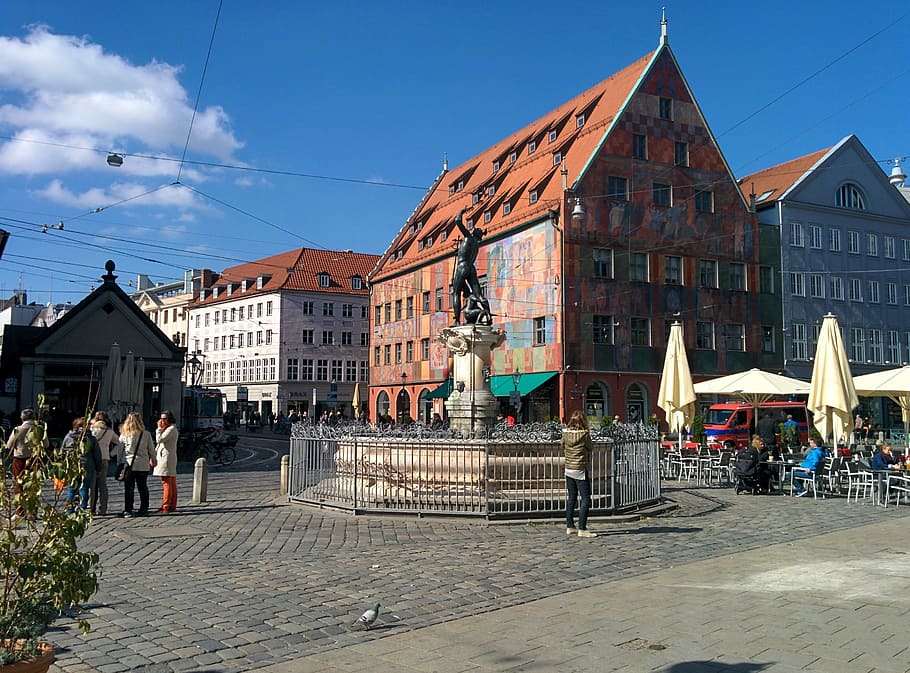 Augsburg, Moritzplatz, City, weberhaus, fountain, old town, HD wallpaper