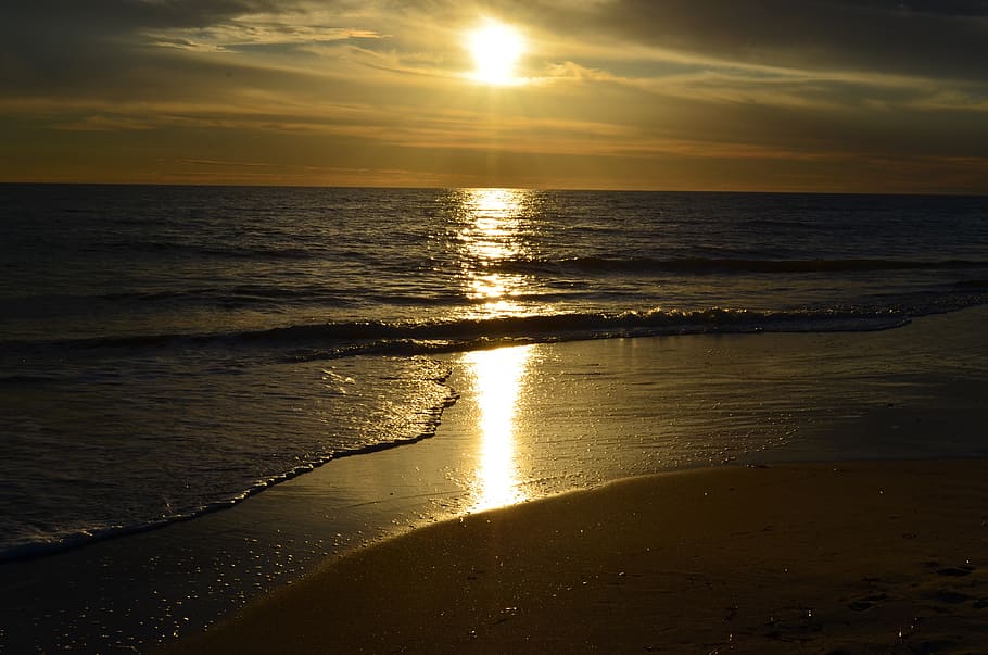 beach, sunset, sundown, setting sun, summer, ocean, sea, sand HD wallpaper