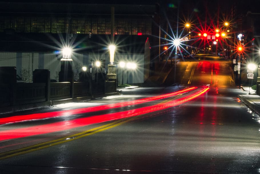 light streak, bridge, night, road, street, transportation, streaks HD wallpaper