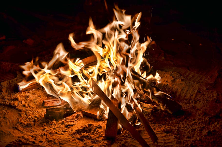 firewood burning, lighted bonfire during night time, flame, fire - natural phenomenon HD wallpaper