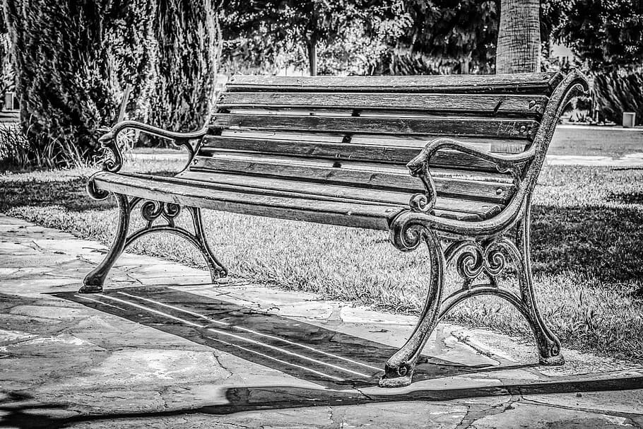 Bench, Old, Empty, Vintage, rusty, outdoor, park, black and white HD wallpaper
