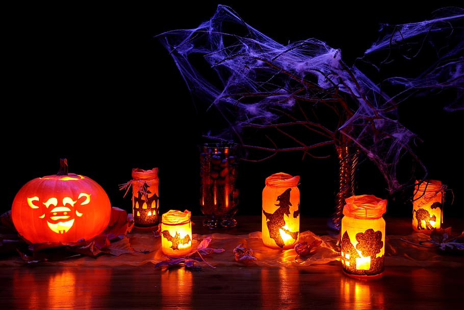 lighted candles on jar and jack o lantern, Dark, Decoration, Fall