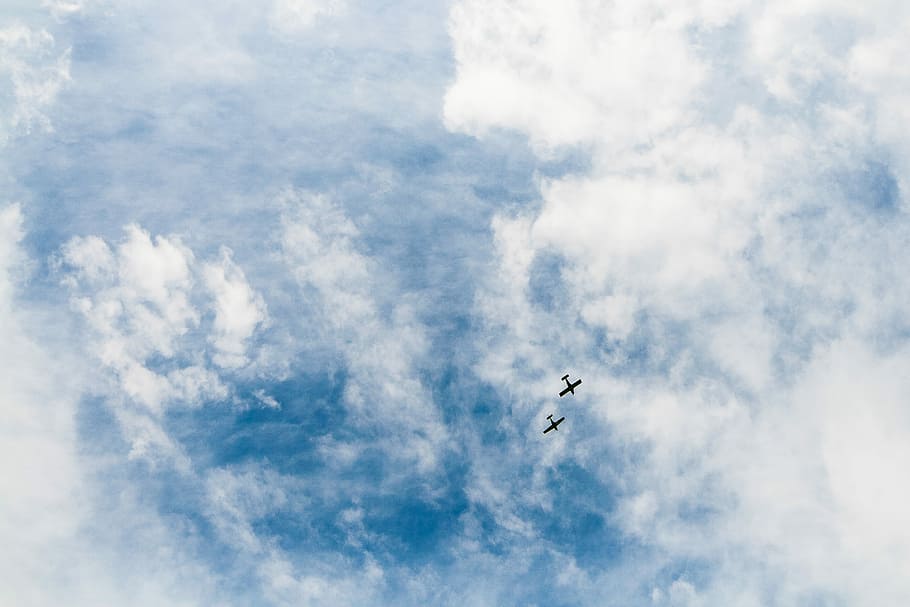 Two Little Planes, clouds, flying, sky, blue, cloud - Sky, air