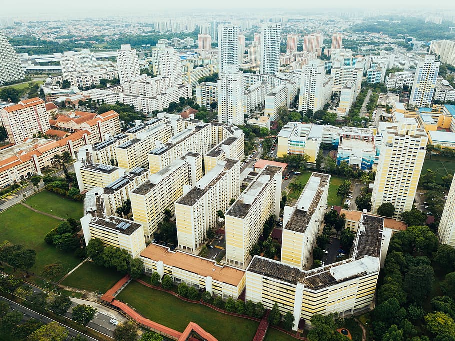 aerial photo of high-rise concrete buildings, bird's eye photography of high rise building HD wallpaper