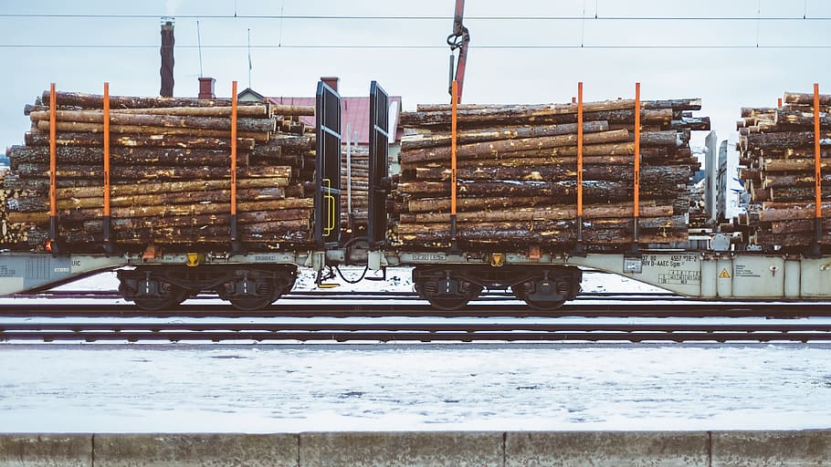 wood log lot on trailer, logs, logging, freight, timber, transportation HD wallpaper