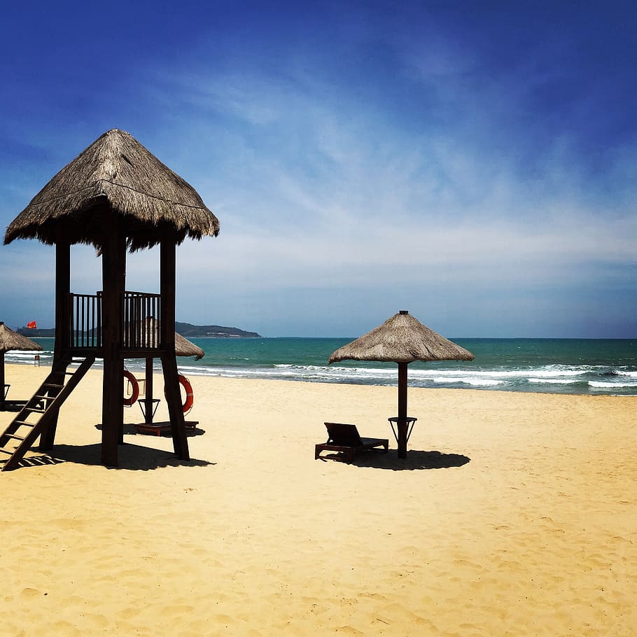 beach, sea, summer, water, land, sky, roof, thatched roof, sand HD wallpaper