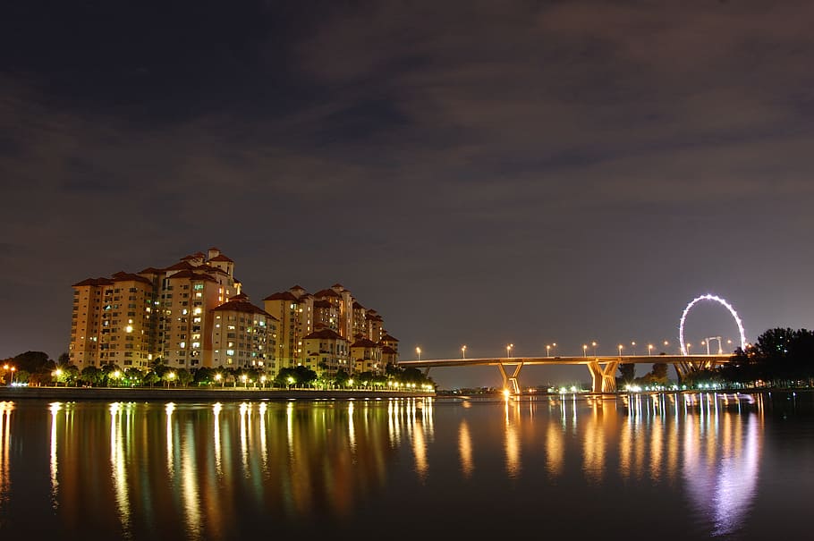 landmark, landscape, singapore, tourist, water, building, night