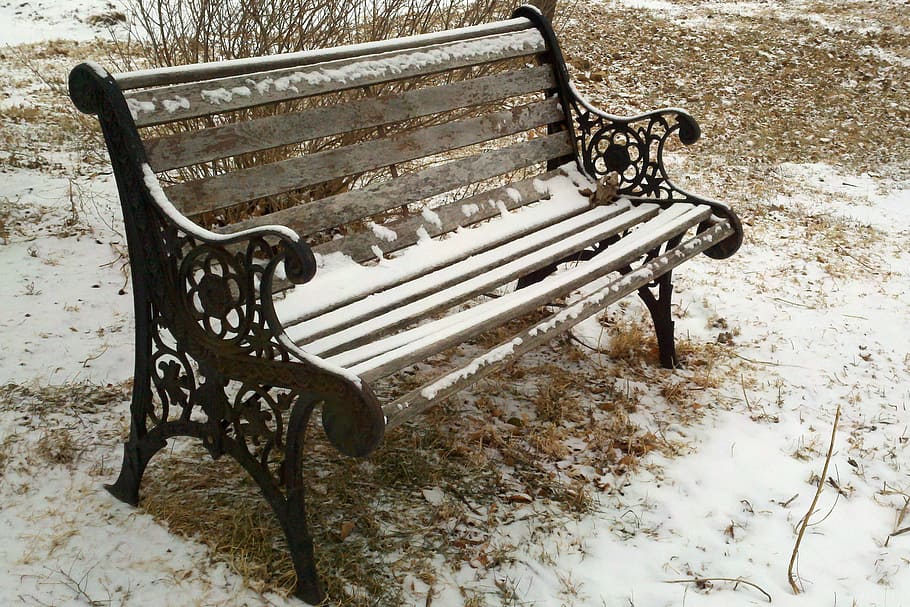 bench, park, snow, winter, cast iron, wood, seat, cold, quiet HD wallpaper